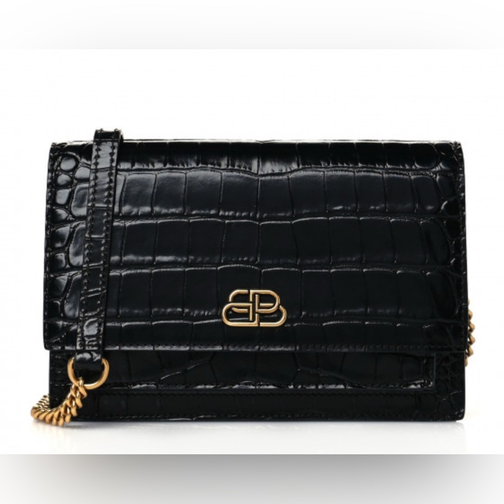 Balenciaga- Shiny Calfskin Crocodile Embossed Sharp Crossbody Clutch Black